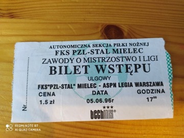 Bilet z meczu Stal Mielec - Legia Warszawa 1996