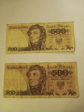 2 Banknoty PRL 500 zł serii CF i FT 1982 r.
