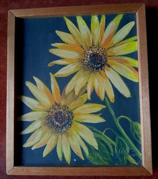 Stary obraz olejny kwiaty słoneczniki sygnowany
