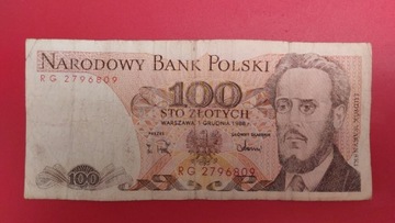 Banknot 100 zł z 1988r, Seria RG