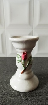 Świecznik porcelanowy biały z różą vintage