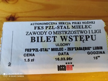 Bilet z meczu Stal Mielec - Zagłębie Lubin 1996