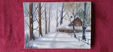 Wiejska chata zimą, akwarela