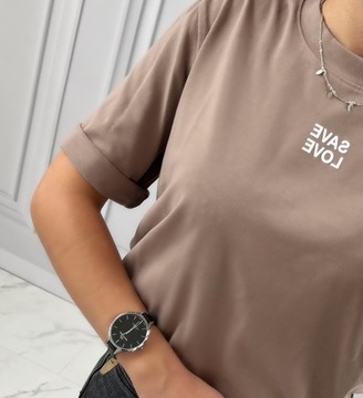 T-shirt koszulka bawełniana SAVE LOVE latte