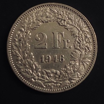 Szwajcaria, 2 franki, rok 1946, Ag 0,835