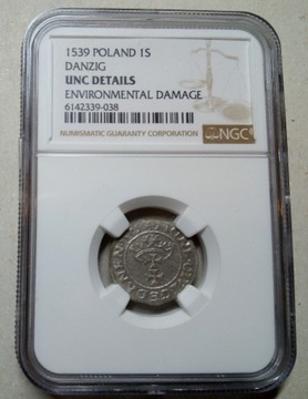 Zygmunt I Stary, szeląg 1539, Gdańsk NGC UNC DET.