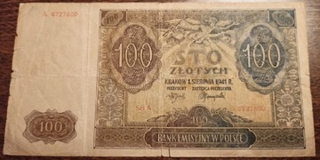 BANKNOT 100 ZŁOTYCH 1941 r. SERIA A 6727600 BDB