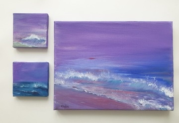 Obrazy 3szt ręcznie malowane morze pejzaż fala