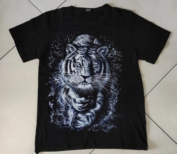 czarny T-shirt koszulka z białym tygrysem