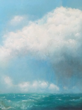 Chmury, pejzaż, malarstwo akrylowe, morze, błękit
