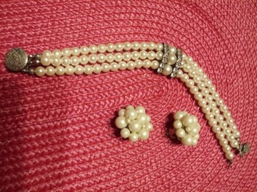 Komplet biżuterii perły sztuczne bransoleta+klipsy