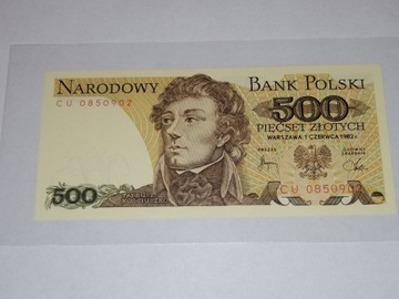 Banknot 500 zł 1982 rok, seria CU0850902, stan UNC