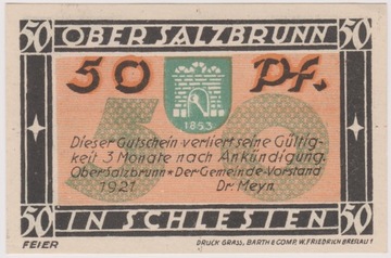 Ober Salzbrunn (Szczawno-Zdr.), 50 Pf, 1921(Feier)