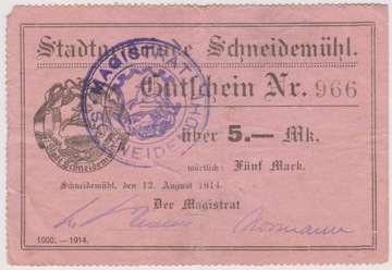 Schneidemühl (Piła), 5 Mk, 12.08.1914 (966)