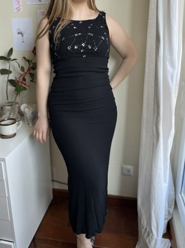 Czarna nowa sukienka długa rozporek na ramiączkach