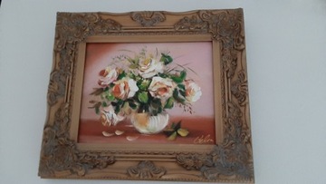 Obraz olejny na płótnie, kwiaty, róże w wazonie