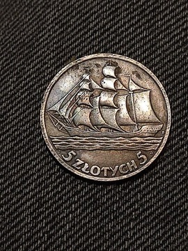 5 złotych 1936 rok żaglowiec Polska wykopki monet