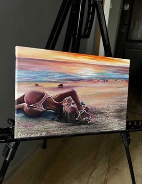 obraz olejny na płótnie Dziewczyna na plaży 20*30
