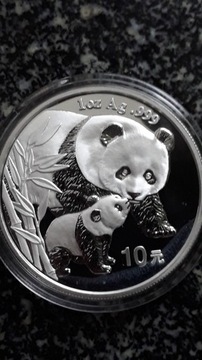 10 juanów, Chiny, Panda,2004, SREBRO uncja