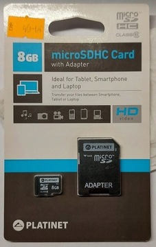 Karta Micro SDHC Platinet 8GB + adapter nowa