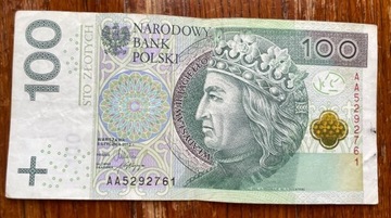 Banknot 100zł seria AA 2012