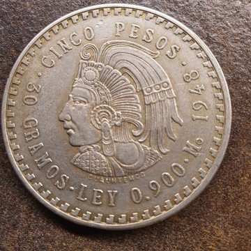 Meksyk, 5 Pesos,1948r- srebro 0,900 1oz, st, I/I-