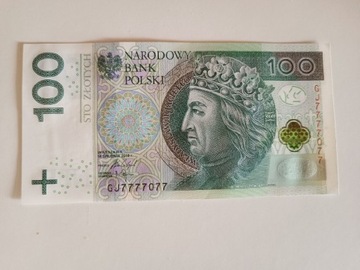 Banknot 100 zł . Ciekawy numer GJ7777077