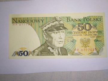 Banknot 50 zł z PRL z 1988 roku seria HP6777037
