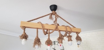 Żyrandol belka drewno loft juta 5 żarówek handmade