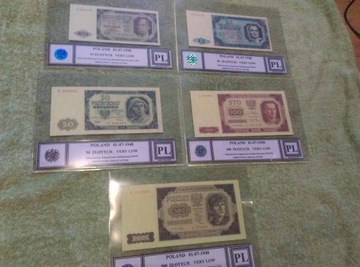 zestaw 5 banknotów 1948 rok 10-20-50-100-500 zł