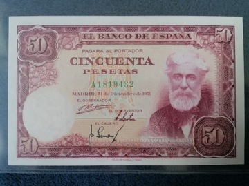 Hiszpania, 50 pesetas UNC 1951 sería A - RZADKI !