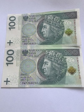 2 seryjne banknoty 100 zł 