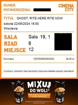 3 Bilety na film Ghost "Rite here, rite now" we Wrocławiu