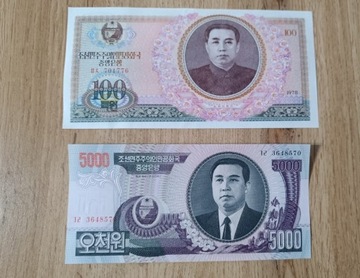 Zestaw UNC Korea Północna 100 Won 1978 + 5000 Won 