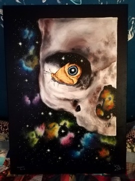 Obraz akrylem, czaszka i motyl, kosmos