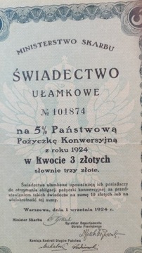 Świadectwo ułamkowe 3 zł i 1 zł 1924 r 5%  