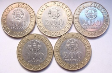 Portugalia zestaw 200 escudos 1991,92,97,98,99r.