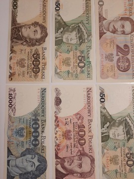 4#N 6 BANKNOTÓW PRL UNC OD 20 ZŁ DO 1000 ZŁOTYCH 