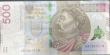 Banknot 500 PLN Serii AA1063518