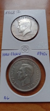 1/2 DOLARA 1968 i HALF CROWN z 1940 r, srebro