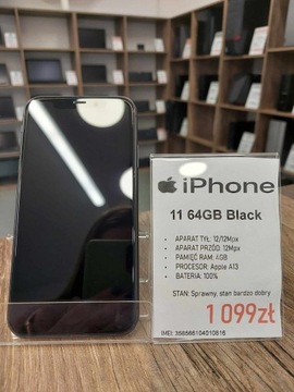 Smartfon Telefon Apple iPhone 11 64GB Black stan bdb gwarancja