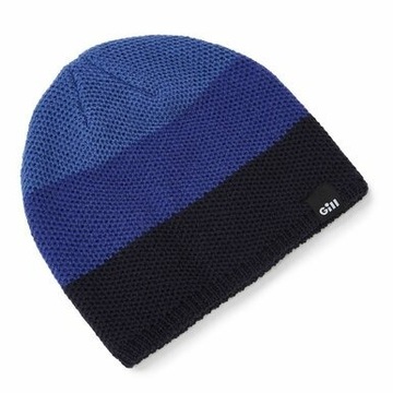 trójkolorowa niebieska czapka dzianinowa