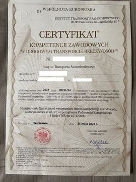 Certyfikat Kompetencji Zawodowych w Transporcie 