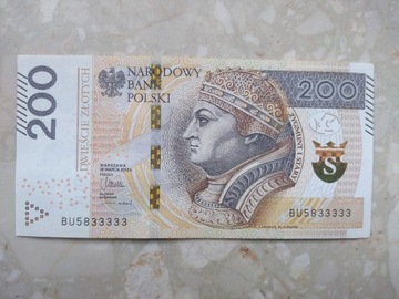 Banknot 200 zł, ciekawy numer BU 5833333
