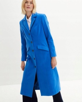 Piękny niebieski płaszcz r44 długi,guziki. Gratis