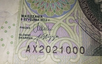banknot 100zł  2012 rok - ciekawy numer AX 2021000