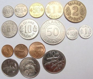 ISLANDIA zestaw 16 monet. KAŻDA INNA!