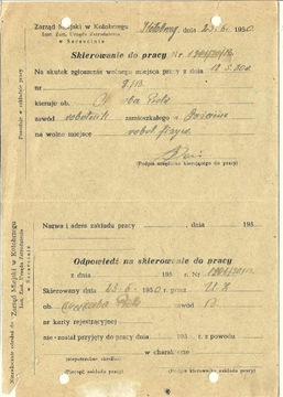 Skierowanie do pracy -  ZM Kołobrzeg 1950r.