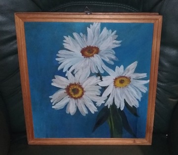 Olej na sklejce 36 x 37 cm kwiaty margaretki