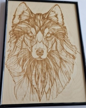 Drewniany obraz wilka z ramką 